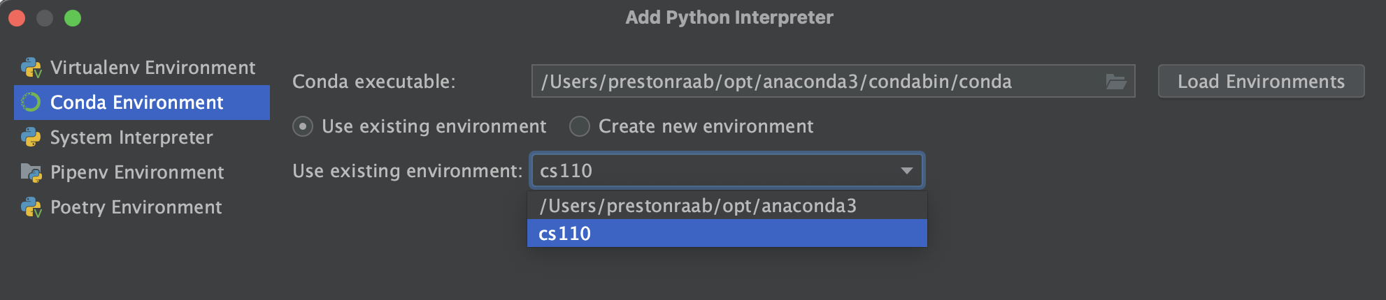 Selecting the conda environment in PyCharm on Mac