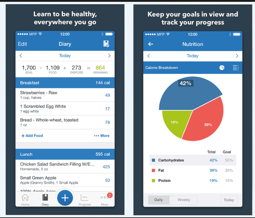picture of a meal tracking app, showing tracking meals each day and using this data to create charts and graphs